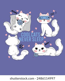 Cute and funny cats doodle vector set. Cartoon cat or kitten characters design 