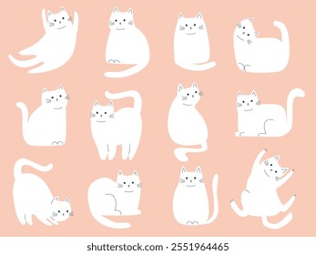 Conjunto de Vector de doodle de gatos lindos y divertidos. Conjunto de gato de dibujos animados o gatito aislado sobre fondo blanco.