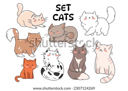 Cute and funny cats doodle vector set. Cartoon cat or kitten characters design collection with flat color in different poses. Set of purebred pet animals isolated on white background.