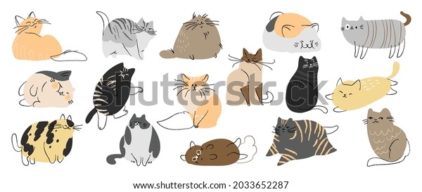 Cute\
and funny cats doodle vector set. Cartoon cat or kitten characters\
design collection with flat color in different poses. Set of\
purebred pet animals isolated on white\
background.