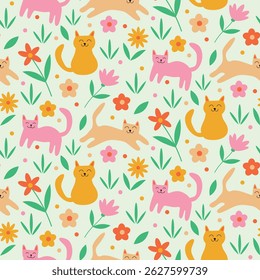 Cute funny cats with flowers seamless pattern in orange, pink and red on white background. For fabric, textile and wallpaper 