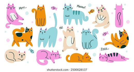 Personajes dibujados a mano de gatos divertidos lindos en diferentes acciones y movimientos aislados sobre fondo blanco. Cómico alegre gatito animal doméstico estampados jugando, durmiendo, caminando Ilustración vectorial