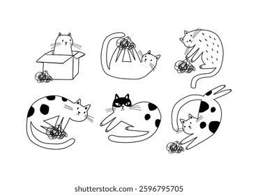 Cute funny cats iillustration. Playful funny kittens playing in funny poses. Flat vector illustration on white background in doodle style