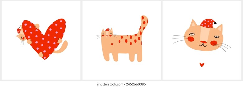 Cute Funny Cats. Nursery Vector Art with Sweet Kitty Isolated on a White Background. Infantile Style Drawing-like Print ideal for Cats Lovers. Cat in a Hat. Kitty Holding Big Red Heart. RGB.