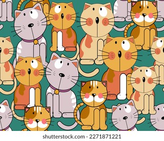 Cute and funny cats seamless pattern vector set Cartoon cat or kitten pet costume design isolated on green background, suitable for fabric, textile vector illustration.