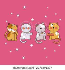 Cute and funny cats seamless vector pattern set, cartoon cats in interstellar space costume design isolated on pink background, suitable for fabric, textile vector illustration