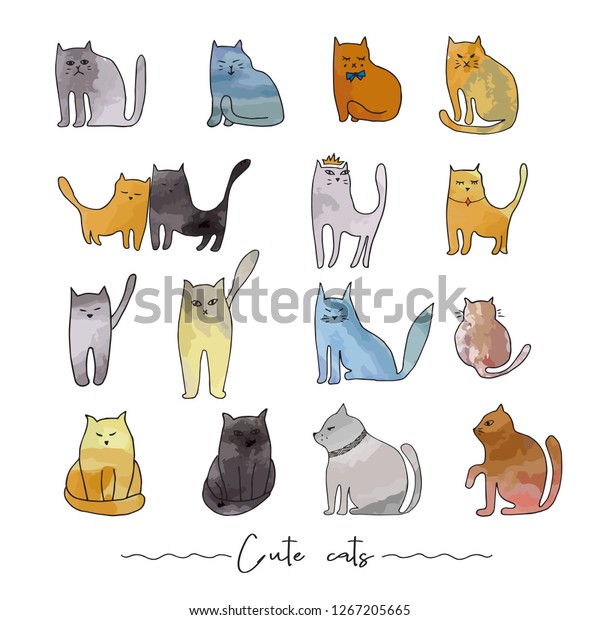 Cute Funny Cats Set Hand Drawn Stock Vector (Royalty Free) 1267205665 ...