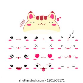Cute funny cats set various emotions. Kawaii style emoticon icon set with pink cheeks and winking eyes. EPS8