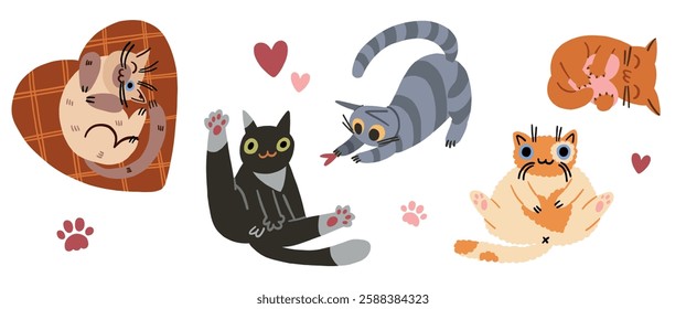 Cute funny cats sit, lie, play in different poses. Charming feline animals, clumsy funny kittens of different breeds. With a heart for Valentine's Day.