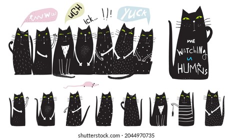 Cute and funny cats sitting together looking with green eyes, catching a mouse. Humorous domestic cats designs collection for t shirt prints and other projects. Vector hand drawn cartoon.