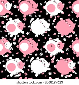 Cute funny cats sleep face seamless pattern.Vector hand drawn doodle cartoon kawaii character illustration logo.Cute happy cats sleep,cozy dream,lazy face cartoon kawaii seamless pattern art concept
