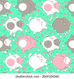 Cute funny cats sleep on meadow seamless pattern.Vector hand drawn doodle cartoon kawaii character illustration logo. Cute happy cats sleep,cozy dream,lazy cartoon kawaii seamless pattern concept
