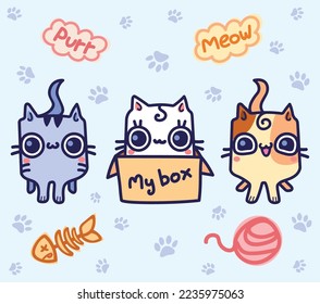 Cute-lustige Cats-Aufkleber mit Wollpfoten und Fischknochen