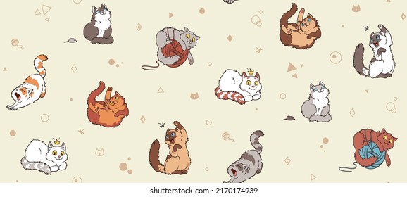 Cute and funny cats vector seamless pattern. Cartoon cat or kitten characters design background with flat color in different poses