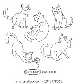 Cute funny cats vector set. Pet vector illustration. Collection of cartoon doodle outline animals. Character kittens - Vector