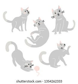 Cute funny cats vector set. Pet vector illustration. Collection of cartoon doodle colorful animals. Character kittens - Vector