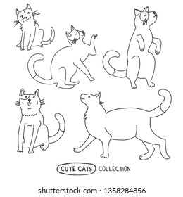 Cute funny cats vector set. Pet vector illustration. Collection of cartoon doodle outline animals. Character kittens - Vector