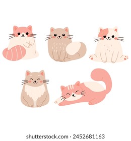 Lindo y divertido juego de Vector de gatos. Personajes de dibujos animados para gatitos o gatitos diseñan colección con color liso en diferentes poses. 