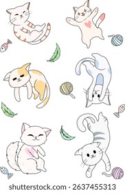 Cute and funny cats vector set. Cartoon kitte characters design collection with flat color in different poses.