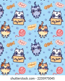 Gatos graciosos y cortos con garras de lana y fondo de textura de patrón óseo de pez