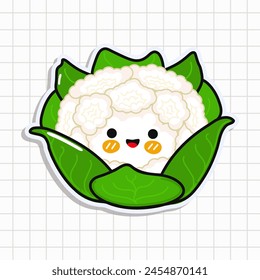 Pegatina de coliflor divertida linda. Vector dibujado a mano de dibujos animados kawaii personaje ilustración icono. Aislado en el fondo. Concepto de personaje de la tarjeta de col feliz