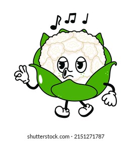 Cute funny cauliflower walking singing character. Vector hand drawn traditional cartoon vintage,retro,kawaii character illustration icon. Isolated white background. cabbage walk sing emoji,child