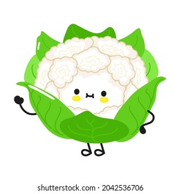 Cute funny cauliflower waving hand character. Vector hand drawn cartoon kawaii character illustration icon. Isolated on white background. Cauliflower character concept
