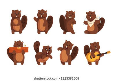 Cute funny character beaver in different actions set of cartoon vector Illustrations on a white background