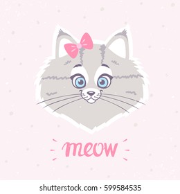 Cute and funny character cat with a bow on head. Vector illustration