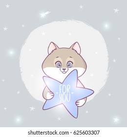 Cute and funny character cat with star. Vector illustration