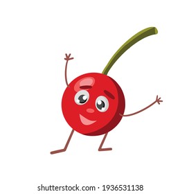Cute and funny character cherry, sweet cherry in comic style looking up, cartoon vector illustration isolated on white background. Red and ripe strawberry character, big eyes mascot