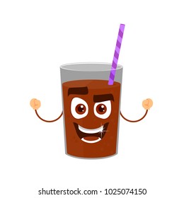 Cute and funny character of coffee glass with tube and arms, angry smile, strong coffee, vector cartoon flat illustration isolated on white background