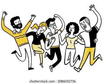 Cute and funny character of diverse people jumping in the air, in concept of friendship, happy, freedom, winning, celebration, togetherness. Diversity, multi-ethnic, man and woman. Doodle style.