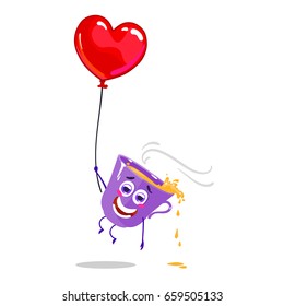 Cute and funny character, flying cup of coffee, red heart balloon, vector illustration isolated on white background