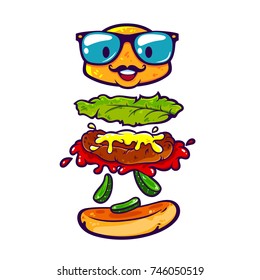 Cute and funny character of hamburger with eyeglasses and mustache, vector illustration isolated on white background, can be used for dome print on t-shirt or poster