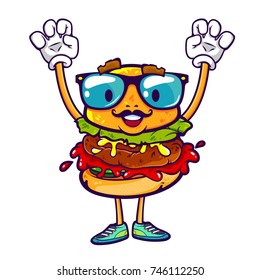 Cute and funny character of hamburger with hand and legs, eyeglasses, mustache and face, vector cartoon illustration isolated on white background, can be used for some print on clothes or poster