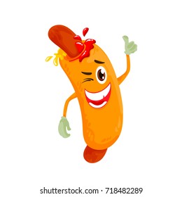 Cute and funny character of hotdog, vector illustration isolated on white background