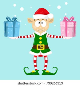 Cute and funny character Merry Christmas elf in santa claus hat. Happy New Year symbol.  Design element for congratulation card, banner, leaflet, poster. Cartoon style. Vector illustration.
