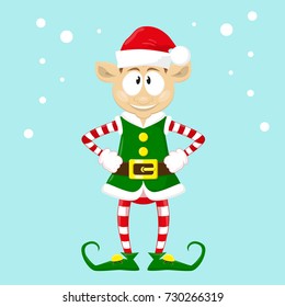 Cute and funny character Merry Christmas elf in santa claus hat. Happy New Year symbol.  Design element for congratulation card, banner, leaflet, poster. Cartoon style. Vector illustration.