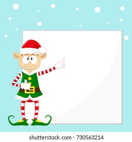 Cute and funny character Merry Christmas elf in santa claus hat. Happy New Year symbol.  Design element for congratulation card, banner, leaflet, poster. Cartoon style. Vector illustration.