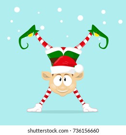 Cute and funny character Merry Christmas elf in santa claus hat. Happy New Year symbol.  Design element for congratulation card, banner, leaflet, poster. Cartoon style. Vector illustration.