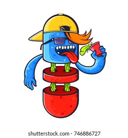 Cute and funny character of pill with water and style cap and sunglasses, vector illustration isolated on white background, cartoon design