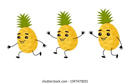 Cute funny character pineapple in different poses. Character fruit runs, dancing, waving his hand. Vector illustration, white background.