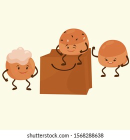 Cute, funny character of various bread. Bakery smiling pastries with emotions in a bag. Vector illustration 
