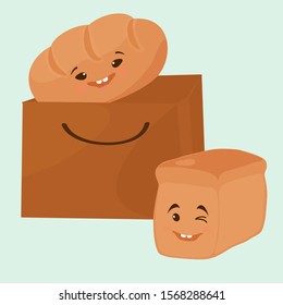 Cute, funny character of various bread. Bakery smiling pastries with emotions in a bag. Vector illustration  