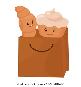 Cute, funny character of various bread. Bakery smiling pastries with emotions in a bag. Vector illustration 