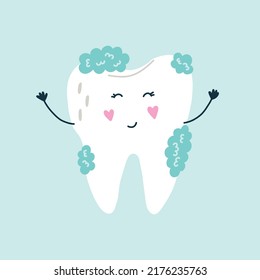 Cute funny character white tooth in tooth foam in blue isolated background. Vector flat medicine cartoon character for children design