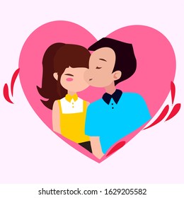 cute funny character of young couple, kissing with heart shape and casual clothes, romantic valentine's day. creative vector flat design.