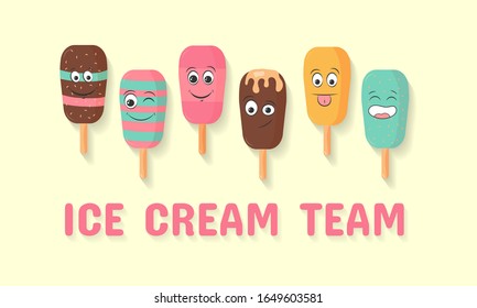 Personajes agradables y divertidos de helado juntos para siempre. Helados de chocolate y vainilla y paletas en un cono de gofre. Pósilos con rostros humanos sonrientes. Ilustración del vector, EPS 10.