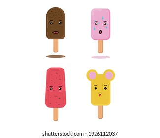 Personajes agradables y divertidos de helado juntos para siempre. Helados de chocolate y vainilla y paletas en un cono de gofre. Popsicles con caras humanas sonrientes. Ilustración del vector